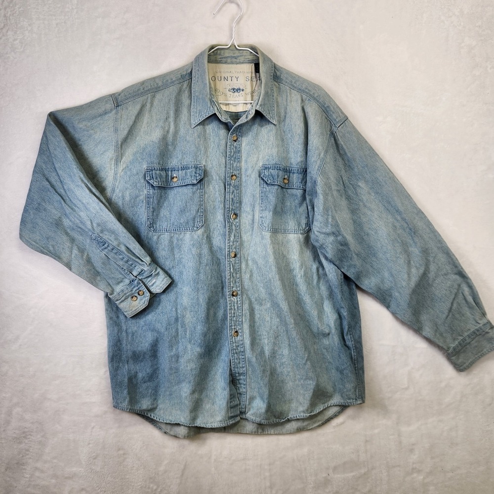 County Seat Denim Shirt Mens XL Light Wash Button Front‎ Made in Hong Kong